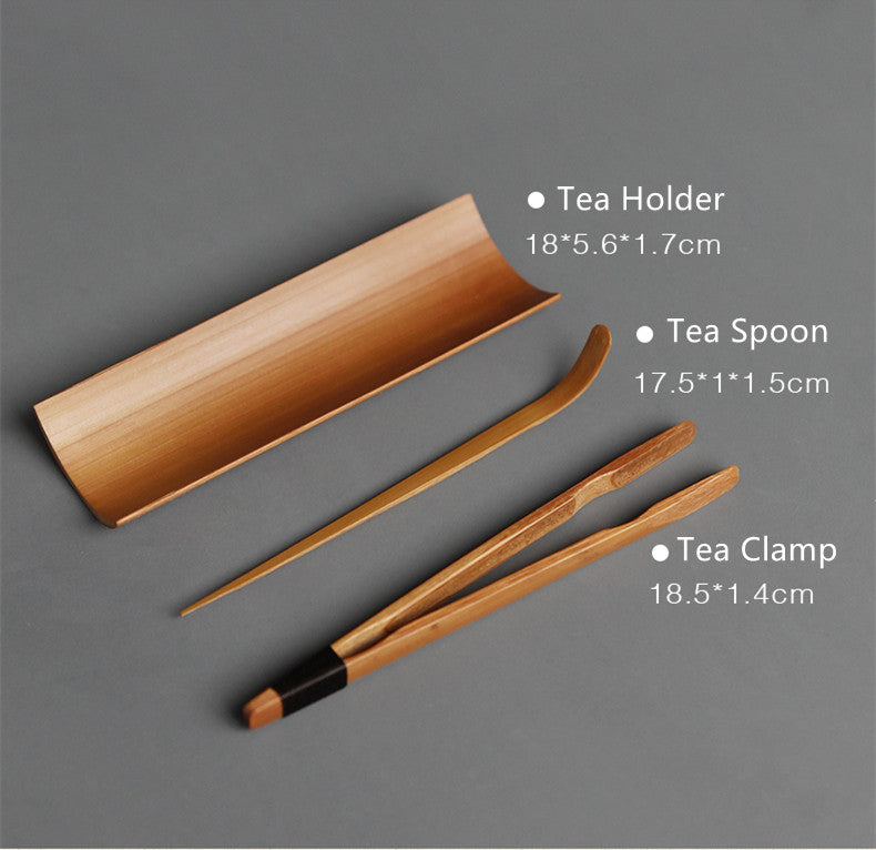 Bamboo Tea Accessories_Tea Holder_Tea Spoon_Tea Clamp_Linen Pouch_4 pcs