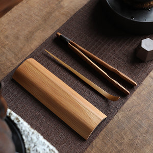 Bamboo Tea Accessories_Tea Holder_Tea Spoon_Tea Clamp_Linen Pouch_4 pcs